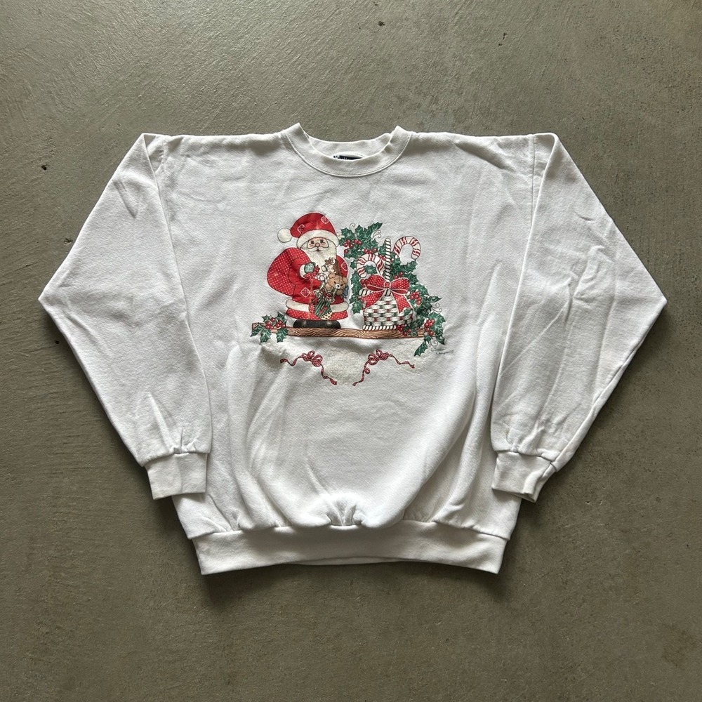 Vintage 90s Endless Design Santa Sweatshirt Size Large White Crewneck Christmas